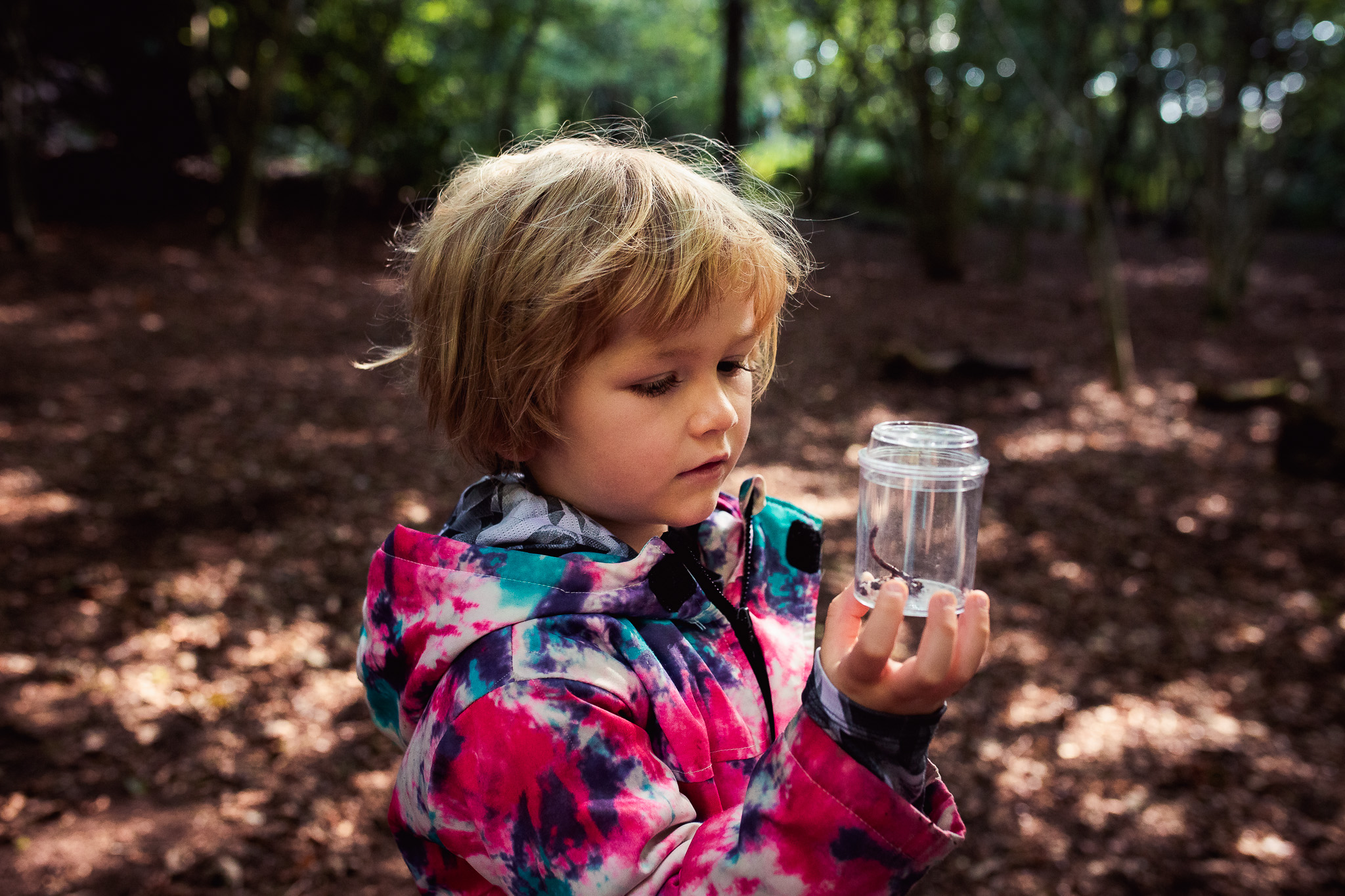 Kai is holding and looking at a worm in a jar in a forest during a family photo session.