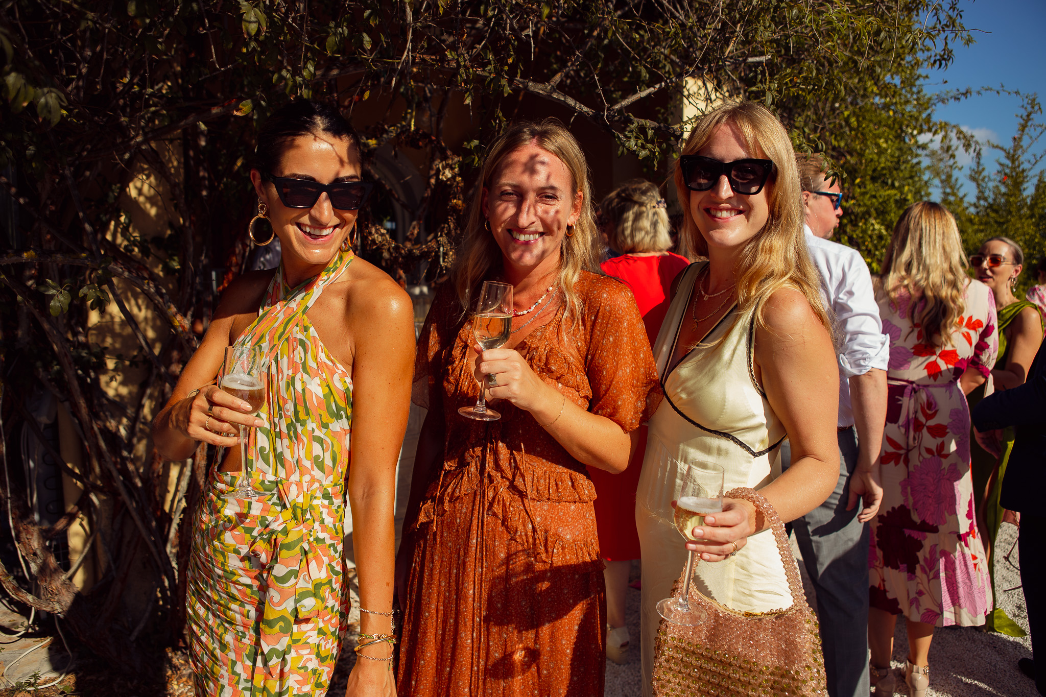 Three beautifully dressed wedding guests pose for a portrait at Ambelonas Vineyard under an olive tree.