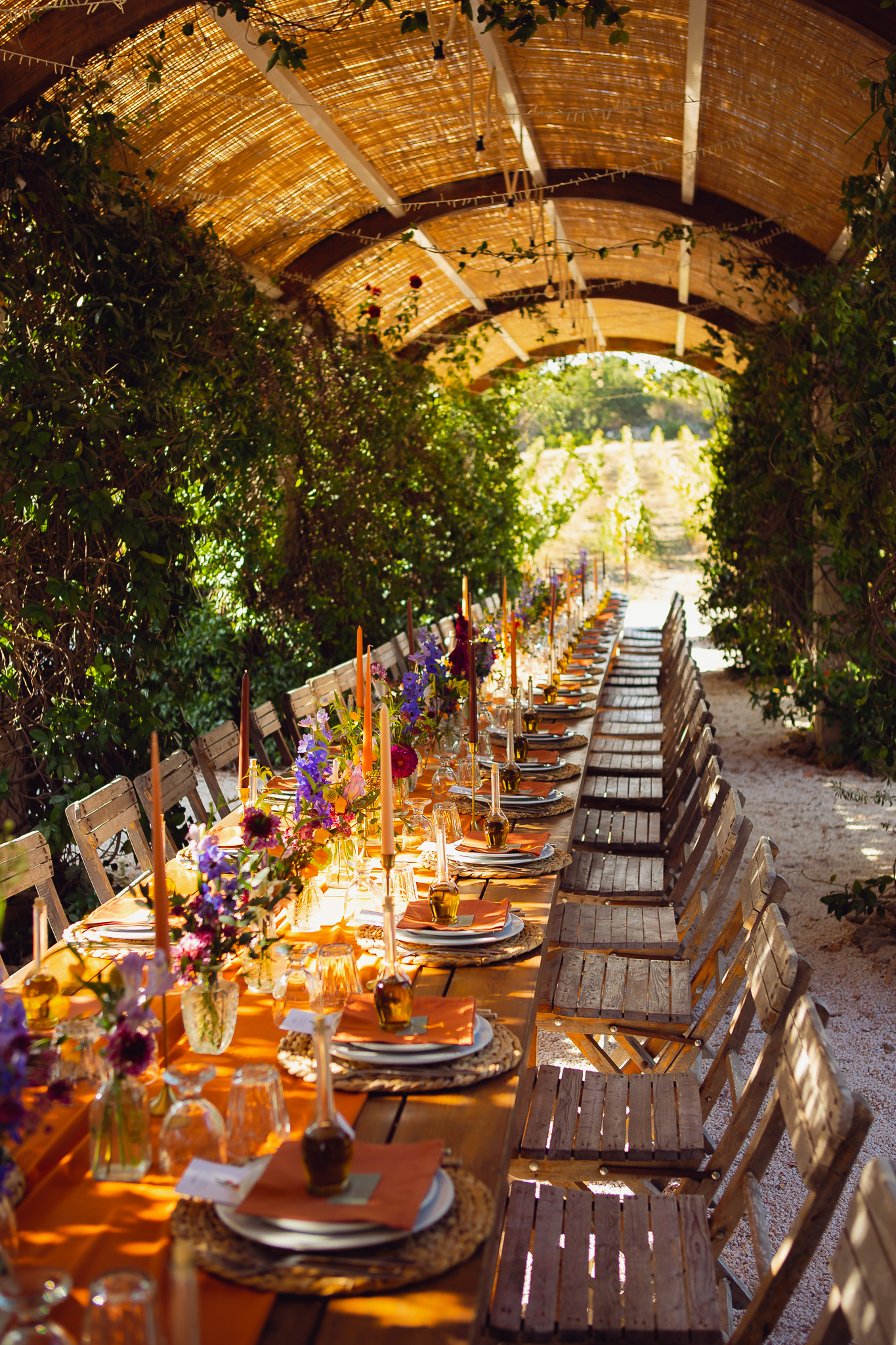 A beautifully dressed wedding dinner table under a leafy arch at Ambelonas Vineyard, Crete.