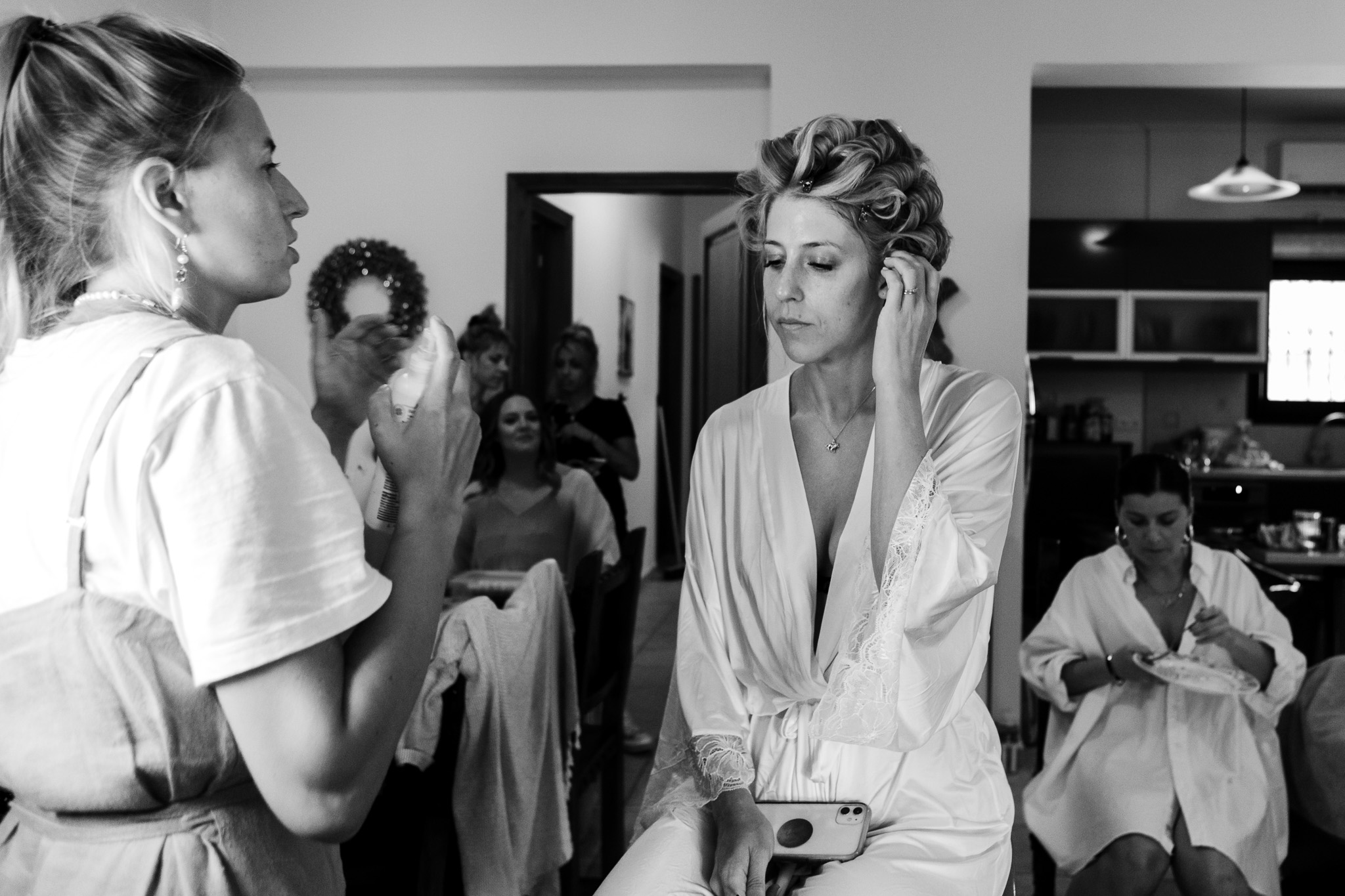 Alice getting her hair and make-up finished in her Crete Villa in preparation for her wedding.