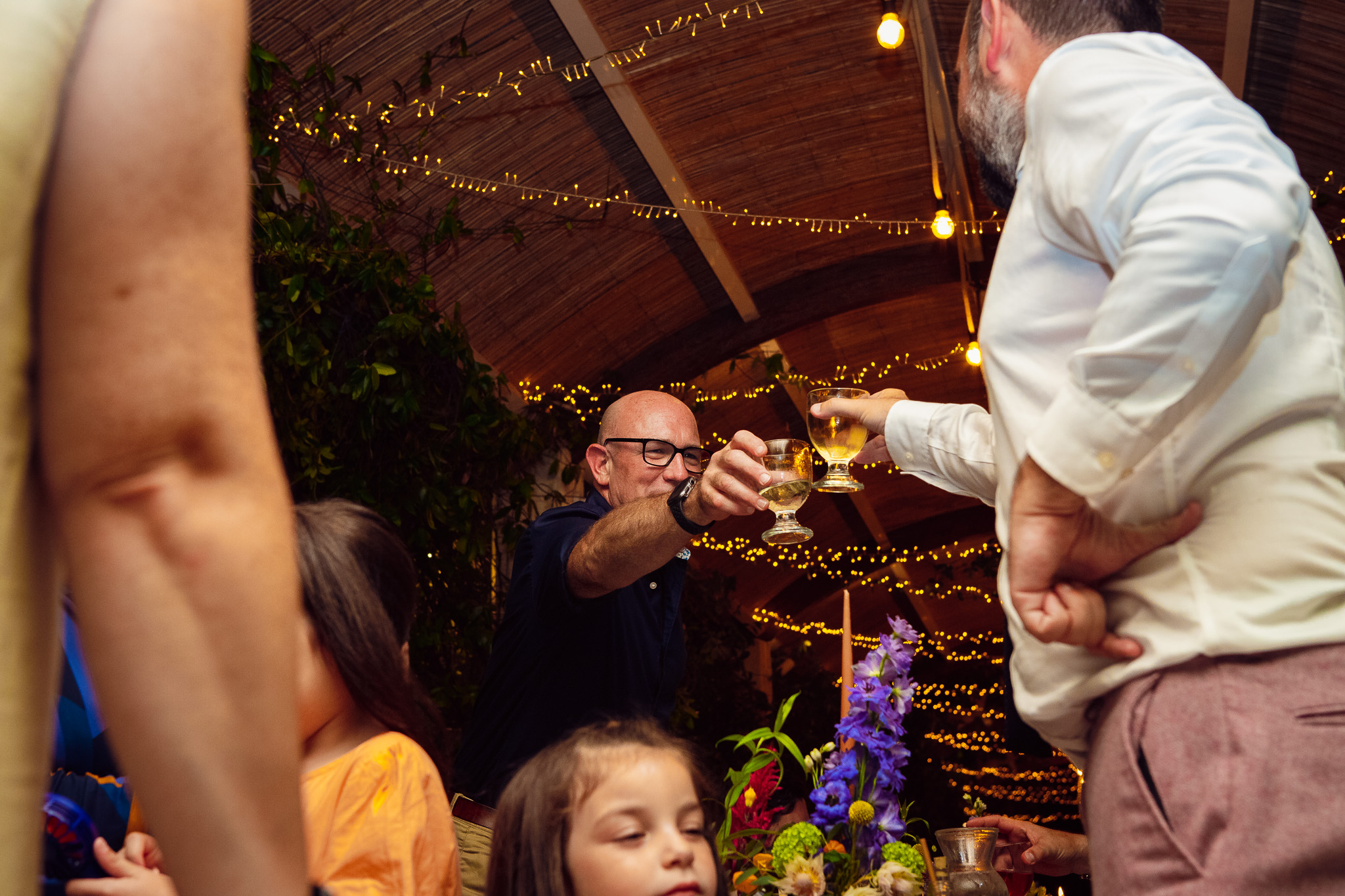 Groom toasts a guest during a wedding dinner at Ambelonas Vineyard, Corfu